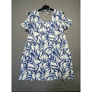 Women Mango Basics Dress XL White Blue Leaf Print